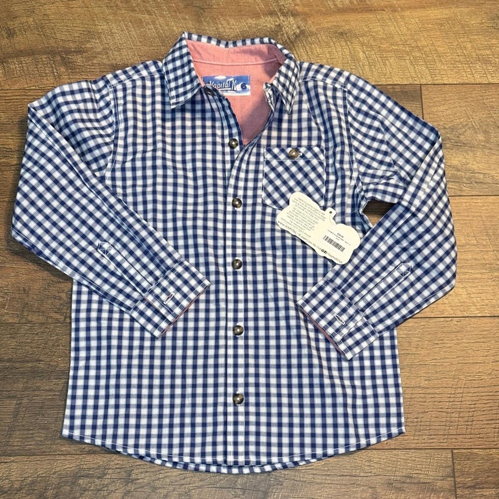 Kapital K Boys Button Down Dress Shirt Size 6 Navy White Check